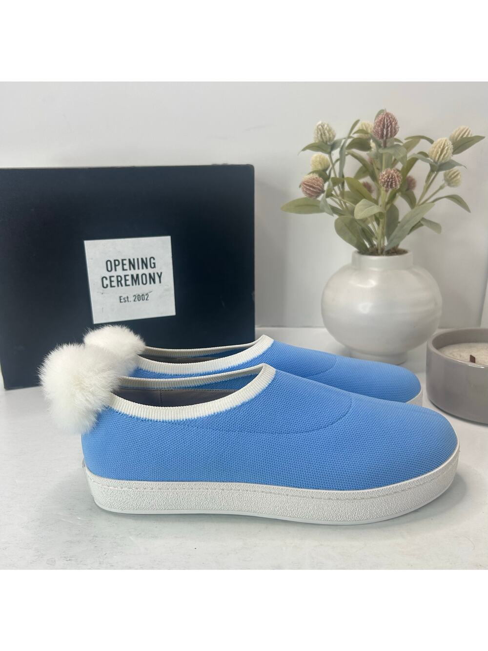 Opening Ceremony Bobby Sock Pom Pom Knit Sneaker Postal Blue Women's 9/EU40